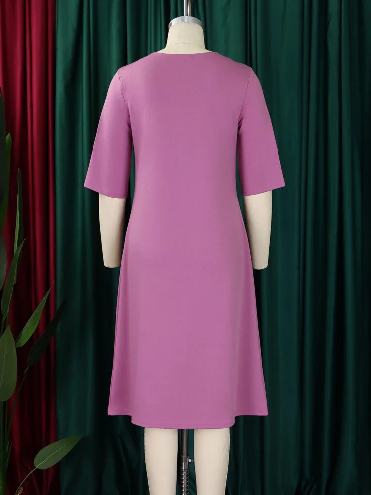 Elegant Women A Line Dress O Neck Short Sleeves Front Pleats with Bow Brooch