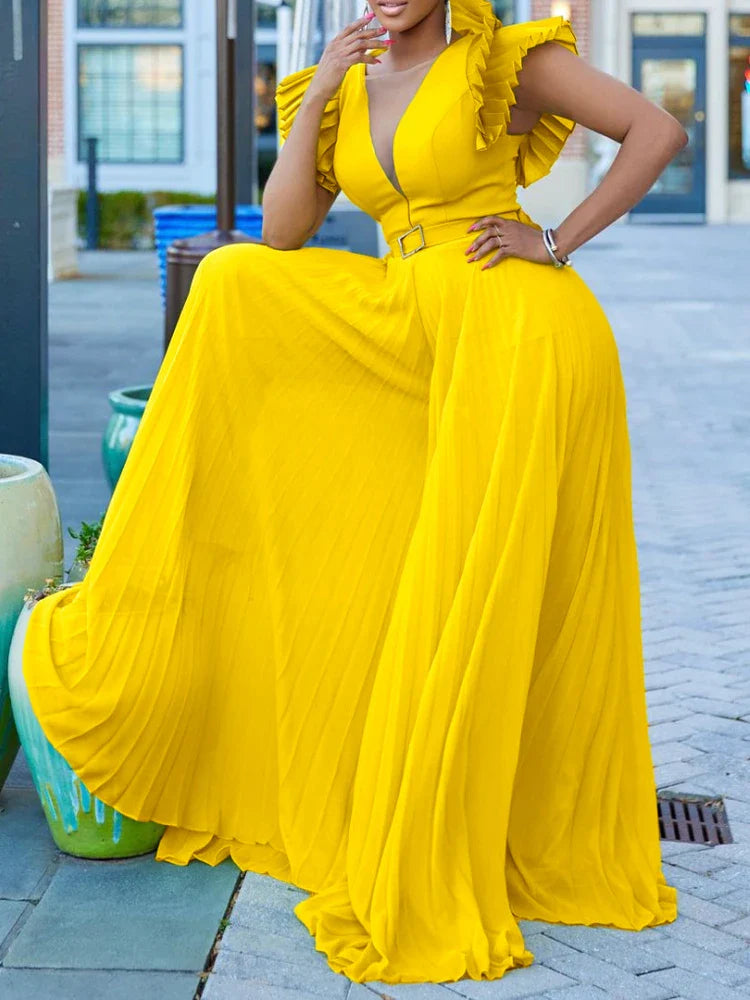 Women Wide Leg Jumpsuits Pleated High Waist V Neck Ruffles African Female One Piece Rompers Yellow / S