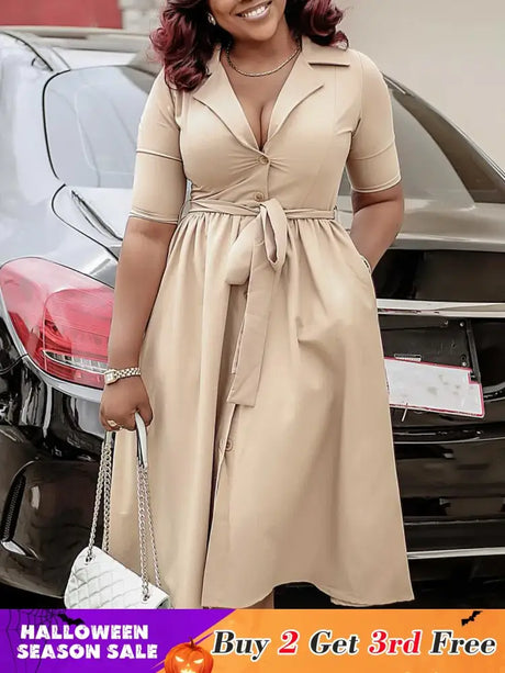 A Line Pleated Dresses for Women Turn Down V Neck Half Sleeves Classy Button Up Apricot / S
