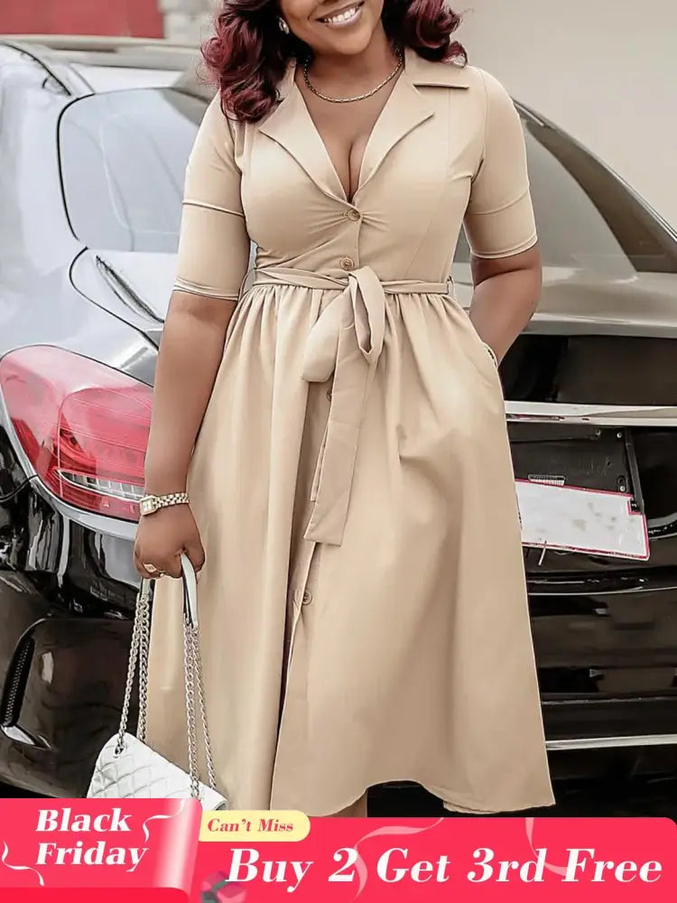 A Line Pleated Dresses for Women Turn Down V Neck Half Sleeves Classy Button Up Apricot / S