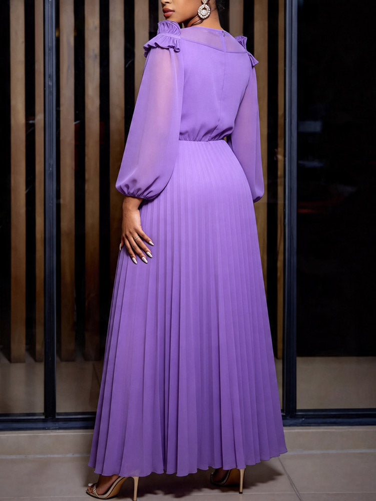 AOMEIDRESS A Line Pleated Chiffon Dress Off The Shoulder Puff Sleeves