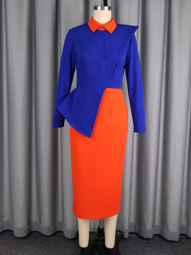 AOMEIDRESS Bodycon Dress Contrast Collar Long Sleeve Peplum Office