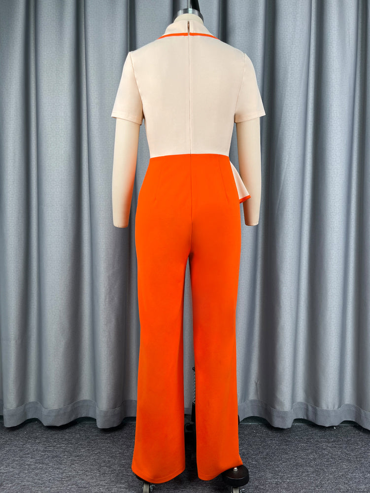 AOMEIDRESS Colorblock Jumpsuit V Neck Short Sleeve Wide Leg Pants