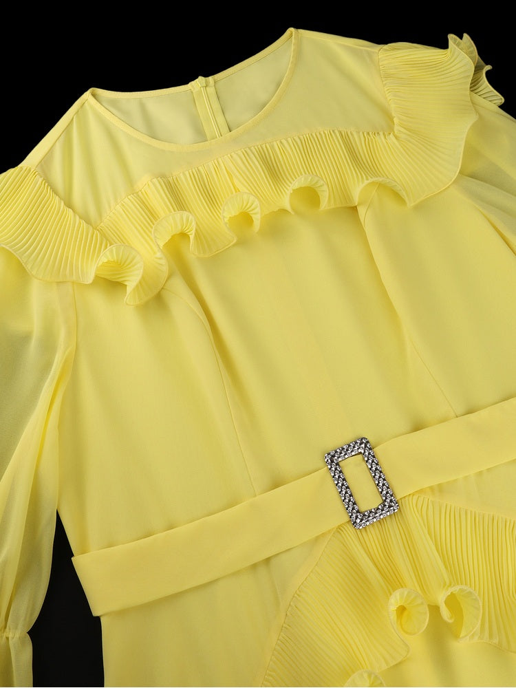 AOMEIDRESS Women Chiffon Dress O Neck 3/4 Puff Sleeve Ruffled Belted