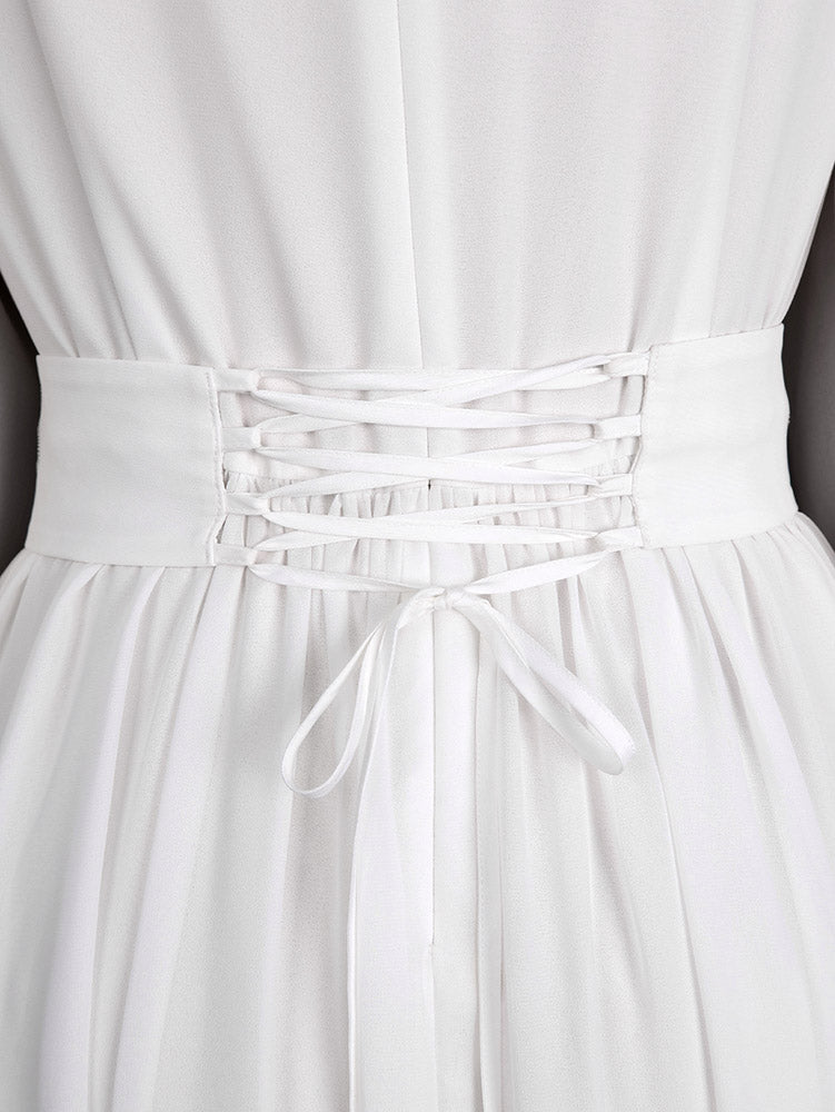 AOMEIDRESS White Chiffon A Line Dresses V Neck Puff Sleeves Waistband
