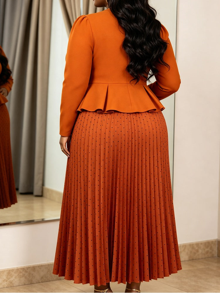 AOMEIDRESS Two Piece Set O Neck Long Sleeves Belt Top Pleated Skirt