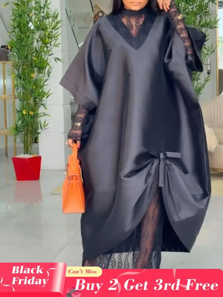 African Elegant Shiny Bubu Dresses Women Two Pieces Set Lace Inside Dress