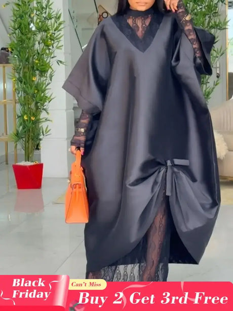 African Elegant Shiny Bubu Dresses Women Two Pieces Set Lace Inside Dress