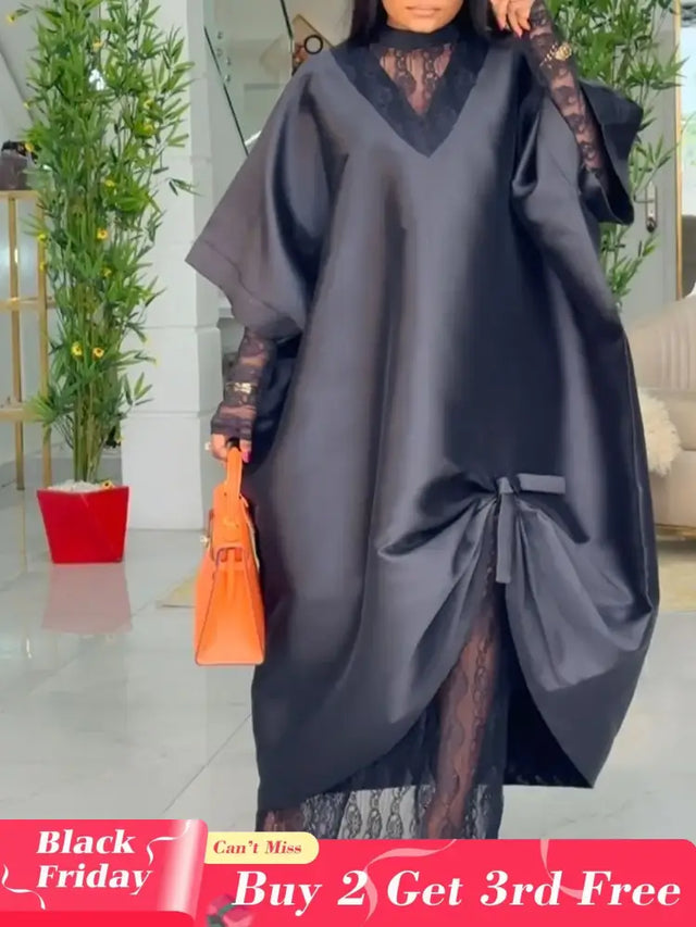 African Elegant Shiny Bubu Dresses Women Two Pieces Set Lace Inside Dress