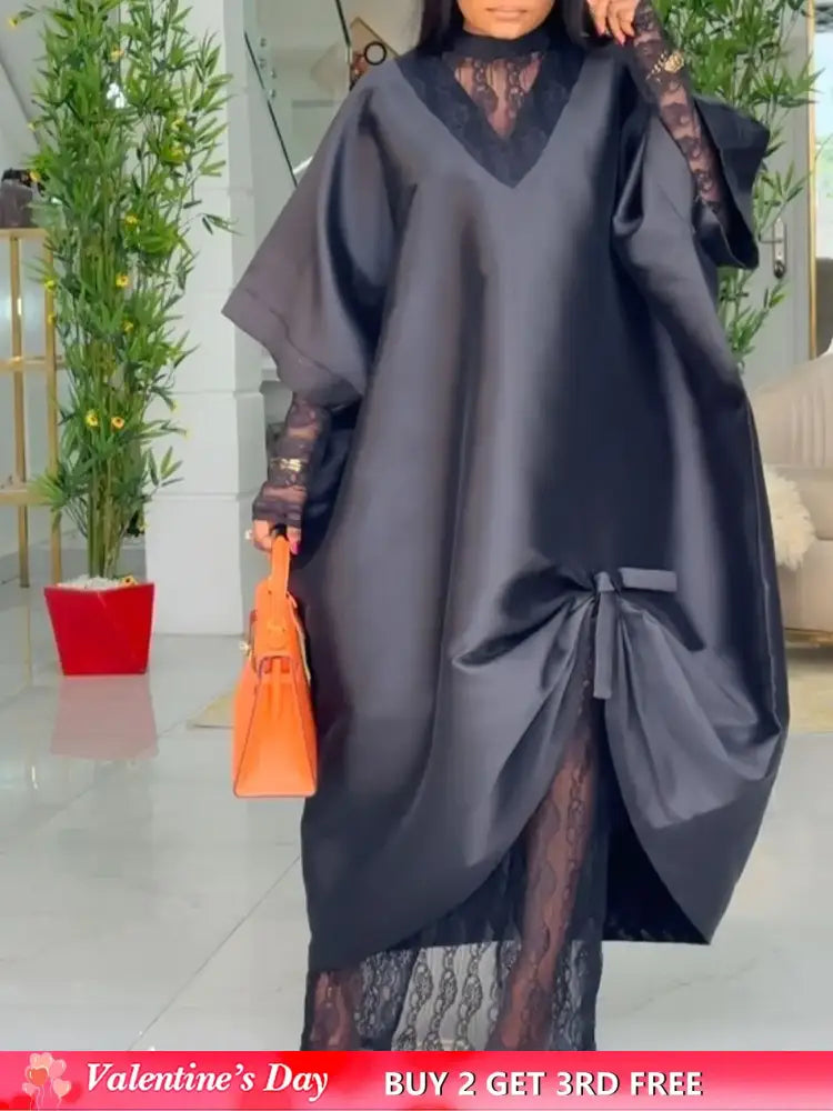 African Elegant Shiny Bubu Dresses Women Two Pieces Set Lace Inside Dress