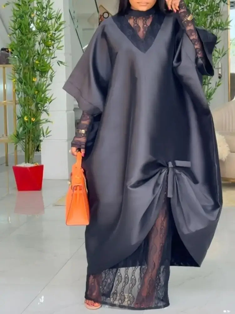 African Elegant Shiny Bubu Dresses Women Two Pieces Set Lace Inside Dress black / S