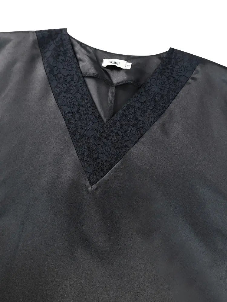 African Shiny Boubou V Neck Dresses Half Sleeves Lace Patchwork black / One Size