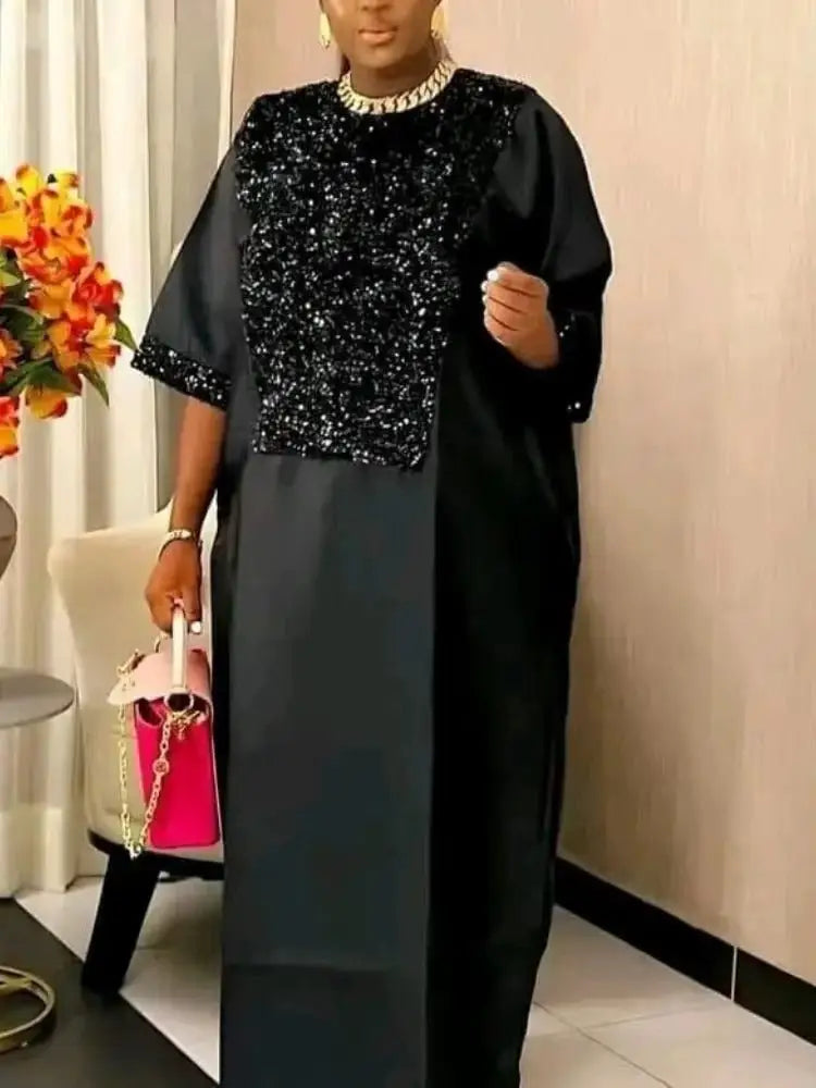 African Shiny Sequined Boubou Dresses Women Kaftan Church Clothing Black / One Size