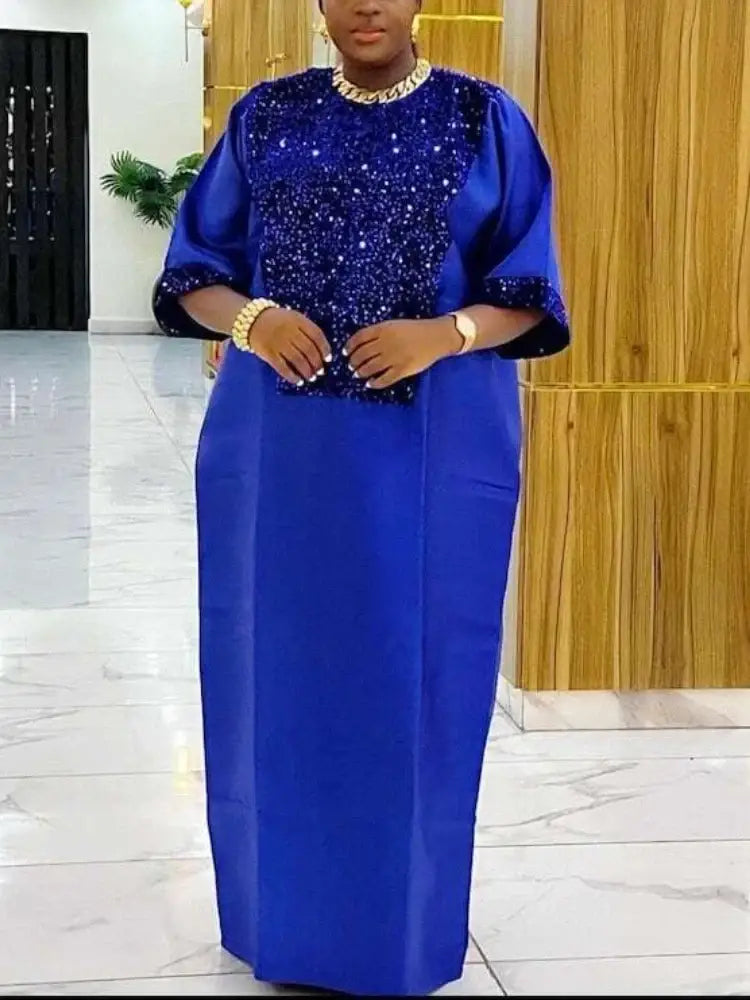 African Shiny Sequined Boubou Dresses Women Kaftan Church Clothing Blue / One Size