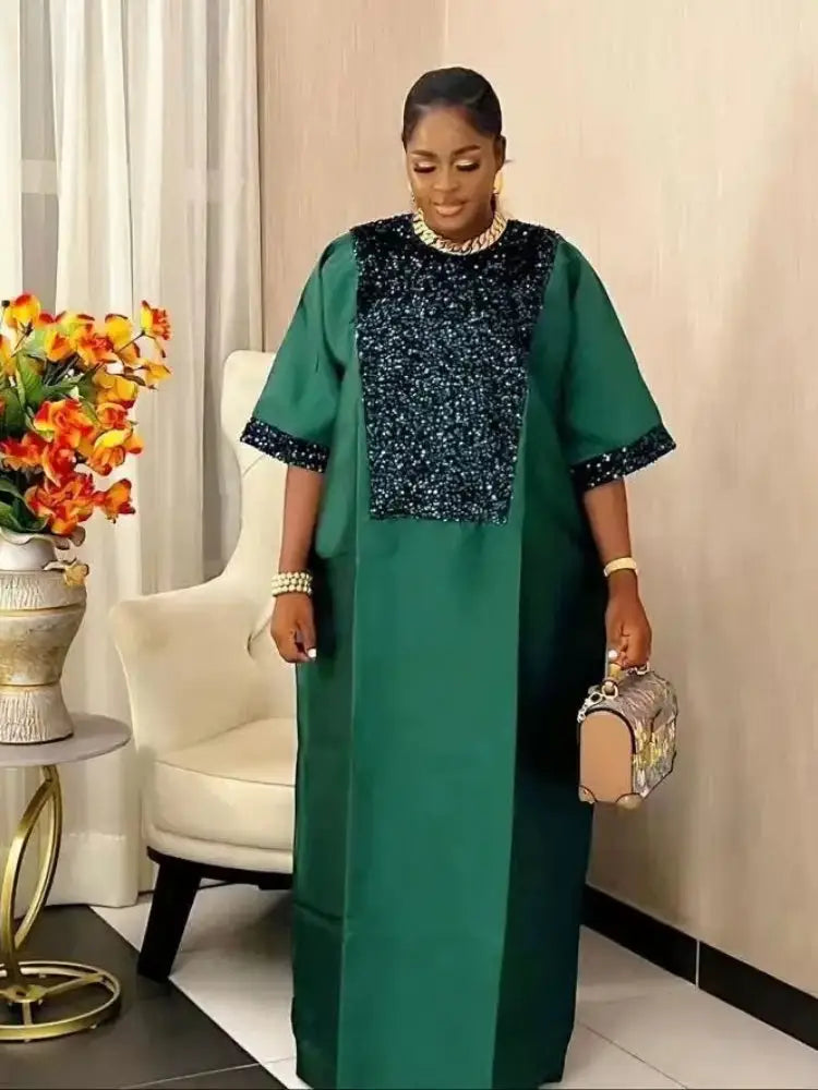 African Shiny Sequined Boubou Dresses Women Kaftan Church Clothing Green / One Size