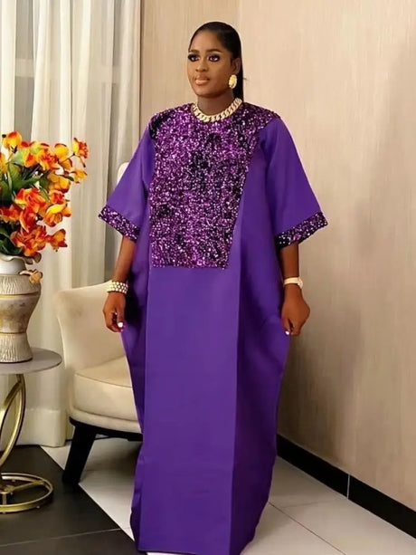 African Shiny Sequined Boubou Dresses Women Kaftan Church Clothing Purple / One Size