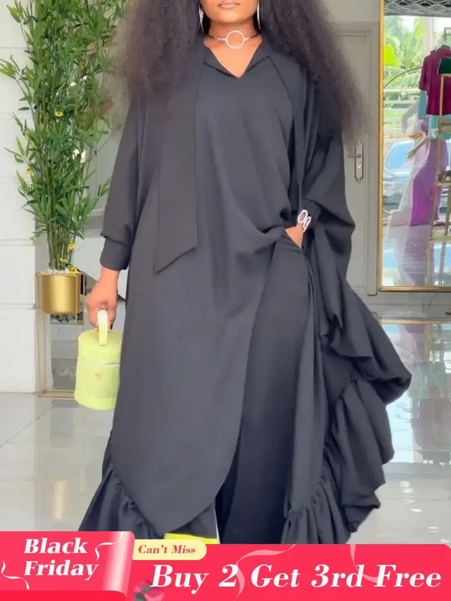 African Two Pieces Set Elegant Bubu Dresses Women High Waist Wide Leg Pants