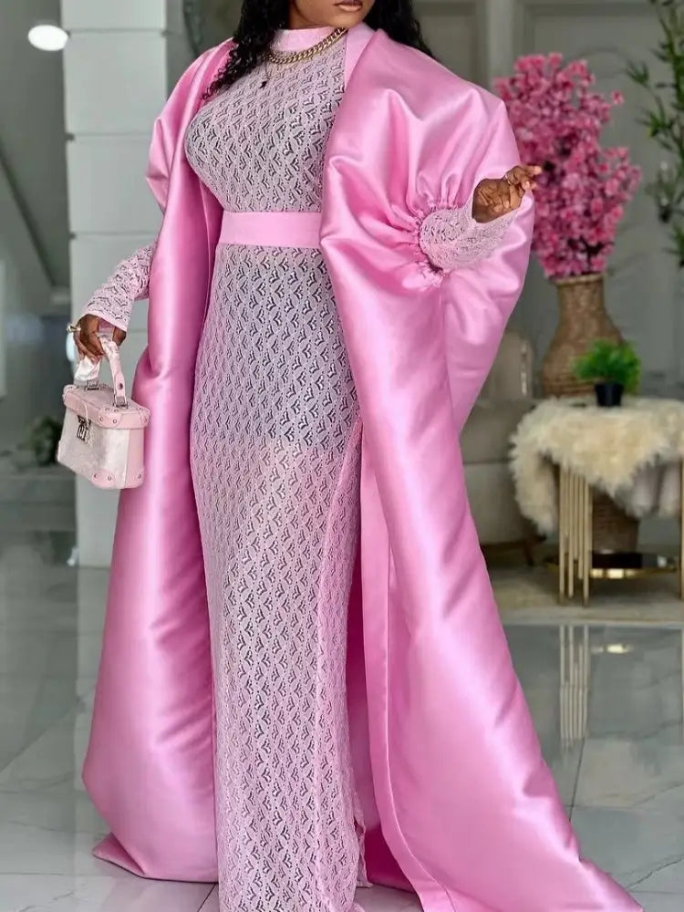 African Two Pieces Set Elegant Women Bubu Dresses Lace Inside Dress