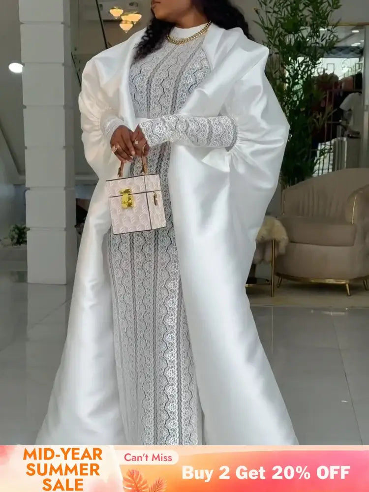 African Two Pieces Set Elegant Women Bubu Dresses Lace Inside Dress WHITE / S