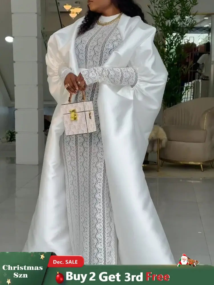 African Two Pieces Set Elegant Women Bubu Dresses Lace Inside Dress WHITE / S