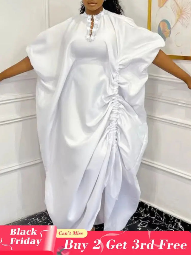 African Women Elegant Shiny Boubou Dresses Loose Traditional Clothing White / One Size