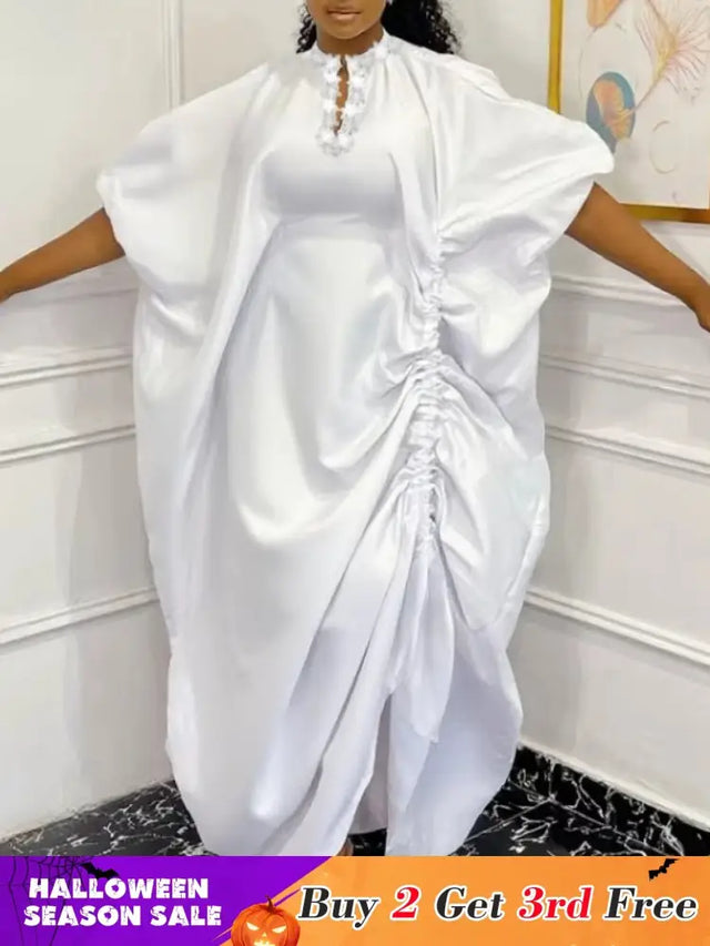 African Women Elegant Shiny Boubou Dresses Loose Traditional Clothing White / One Size