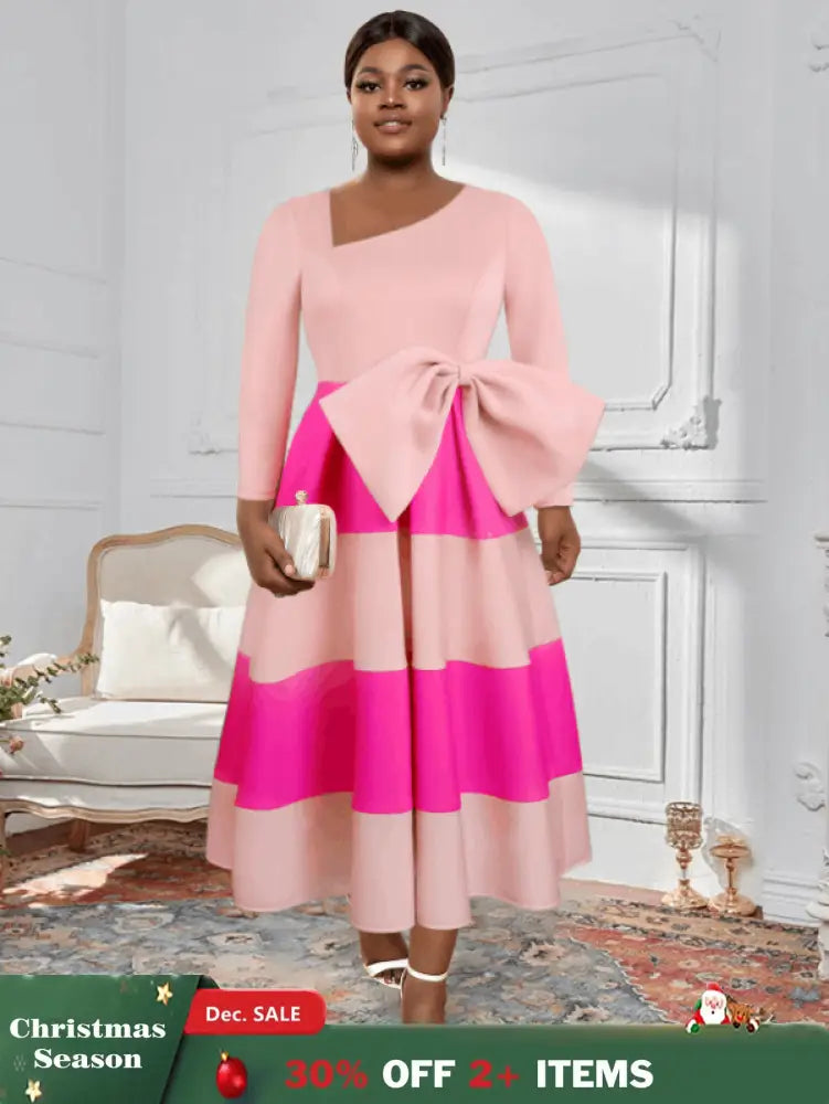AOMEI Asymmetrical Collar Pink Dress A Line Midi
