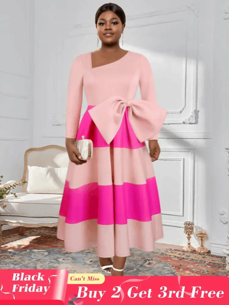 AOMEI Asymmetrical Collar Pink Dress A Line Midi