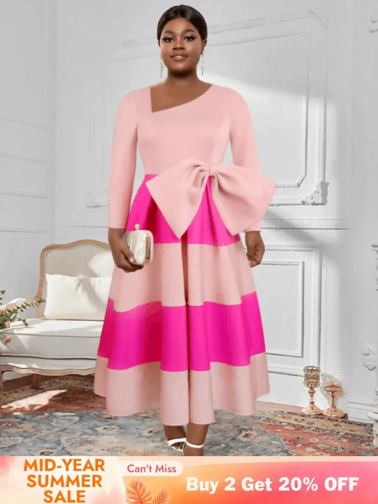 AOMEI Asymmetrical Collar Pink Dress A Line Midi