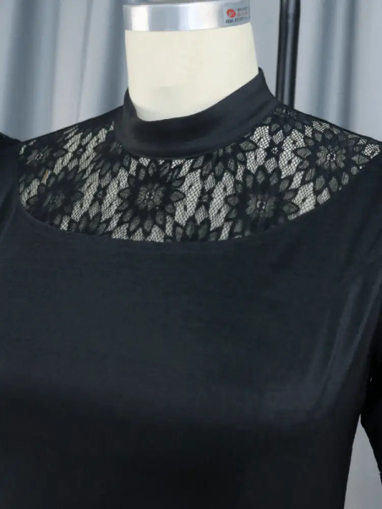 AOMEI Black Lace Patchwork Puff Sleeve Maxi Dress