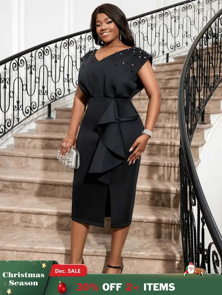 AOMEI Black V Neck Dress Women Sleeveless Beading Diamonds High Waist Ruffles