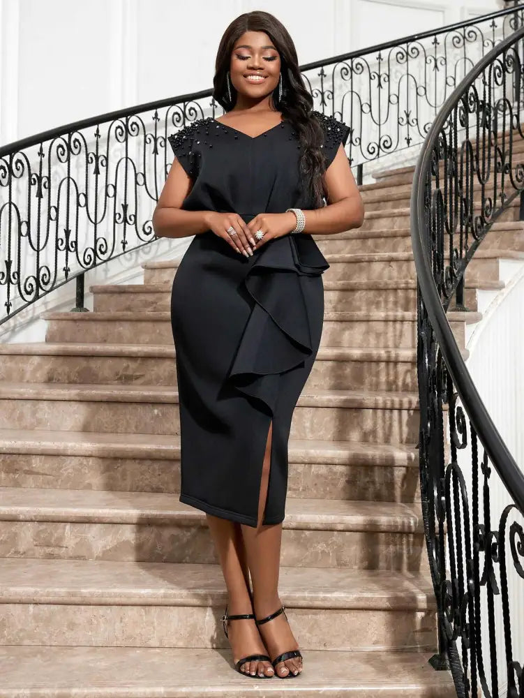 AOMEI Black V Neck Dress Women Sleeveless Beading Diamonds High Waist Ruffles