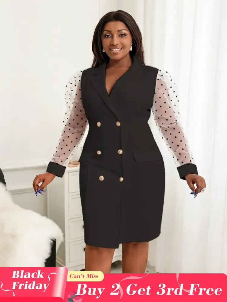 AOMEI Dots Tulle Sleeve Elegant Blazer Dress Mini