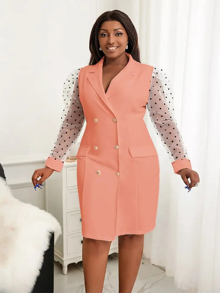 AOMEI Dots Tulle Sleeve Elegant Blazer Dress Mini Pink / 1XL
