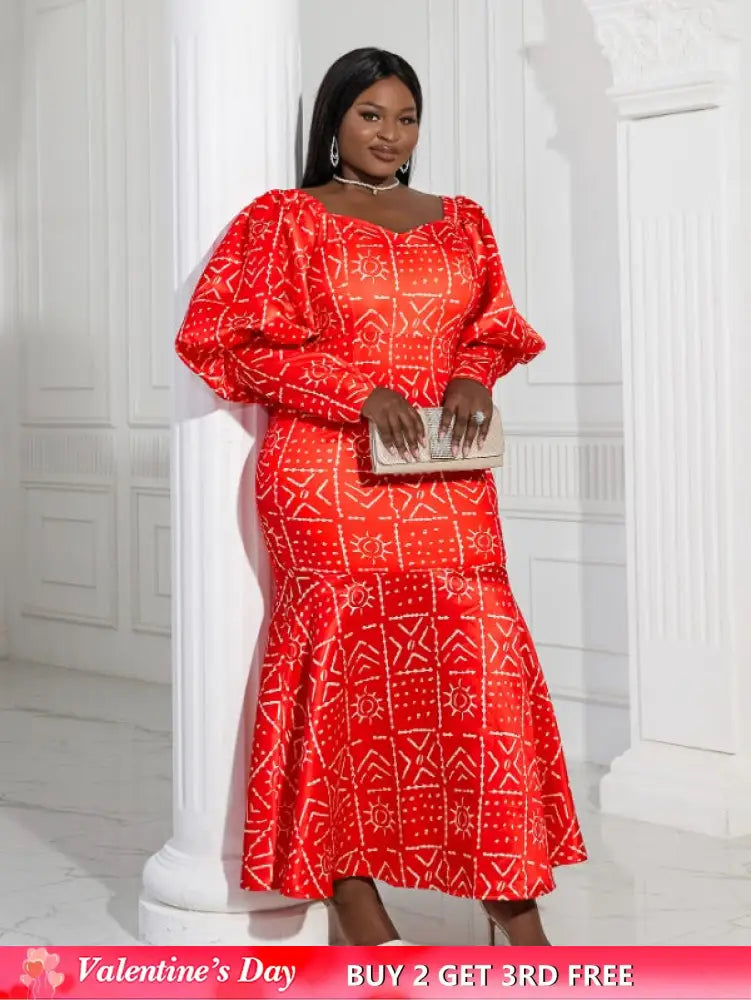 AOMEI Lantern Sleeve Printed Mermaid Maxi Dress