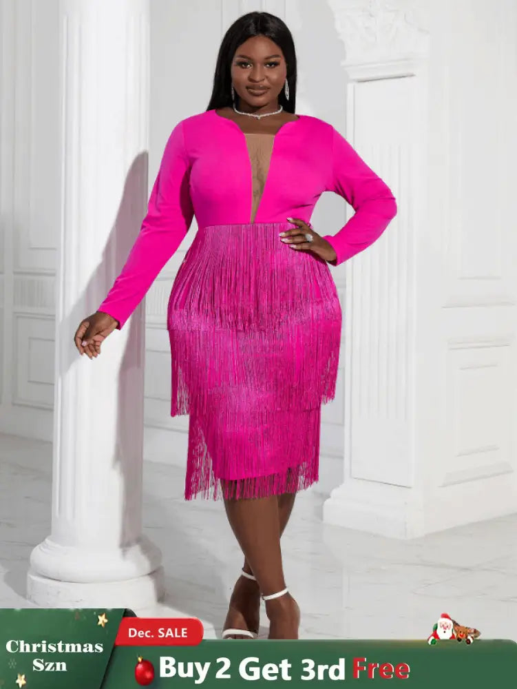 Aomei Long Sleeves Tassels Midi Deep V Neck Sexy Dress