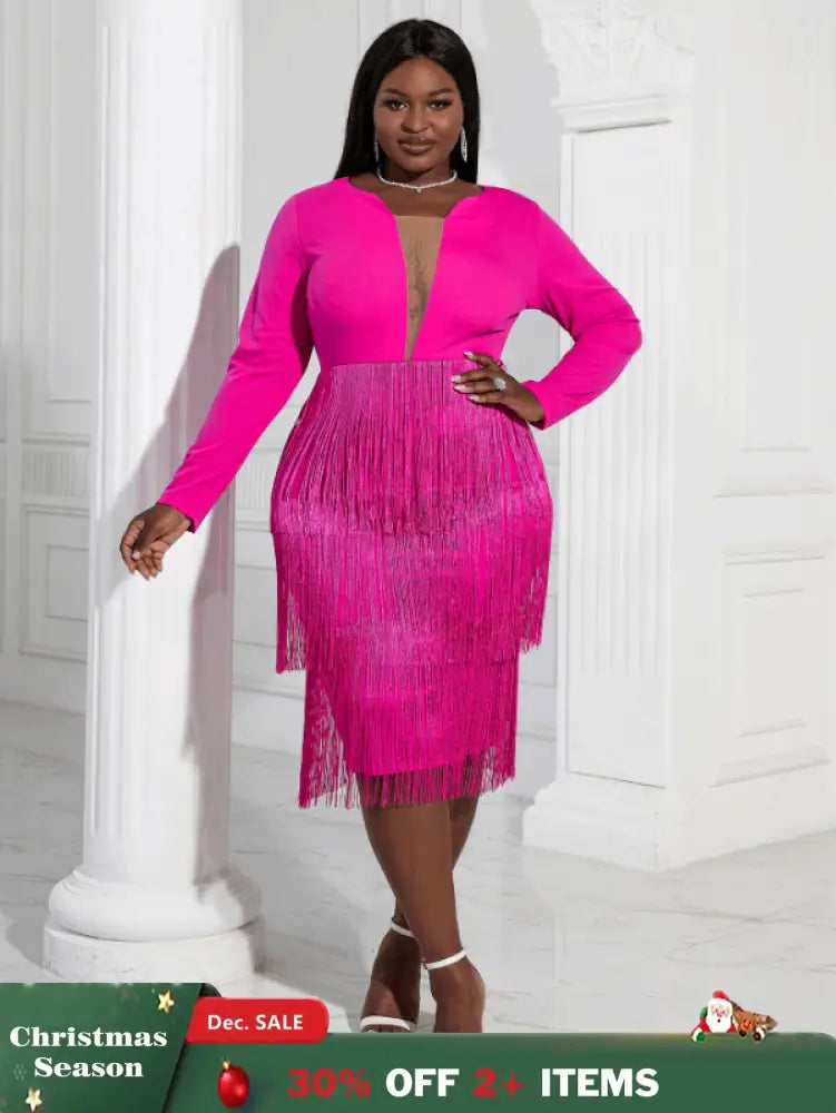 Aomei Long Sleeves Tassels Midi Deep V Neck Sexy Dress