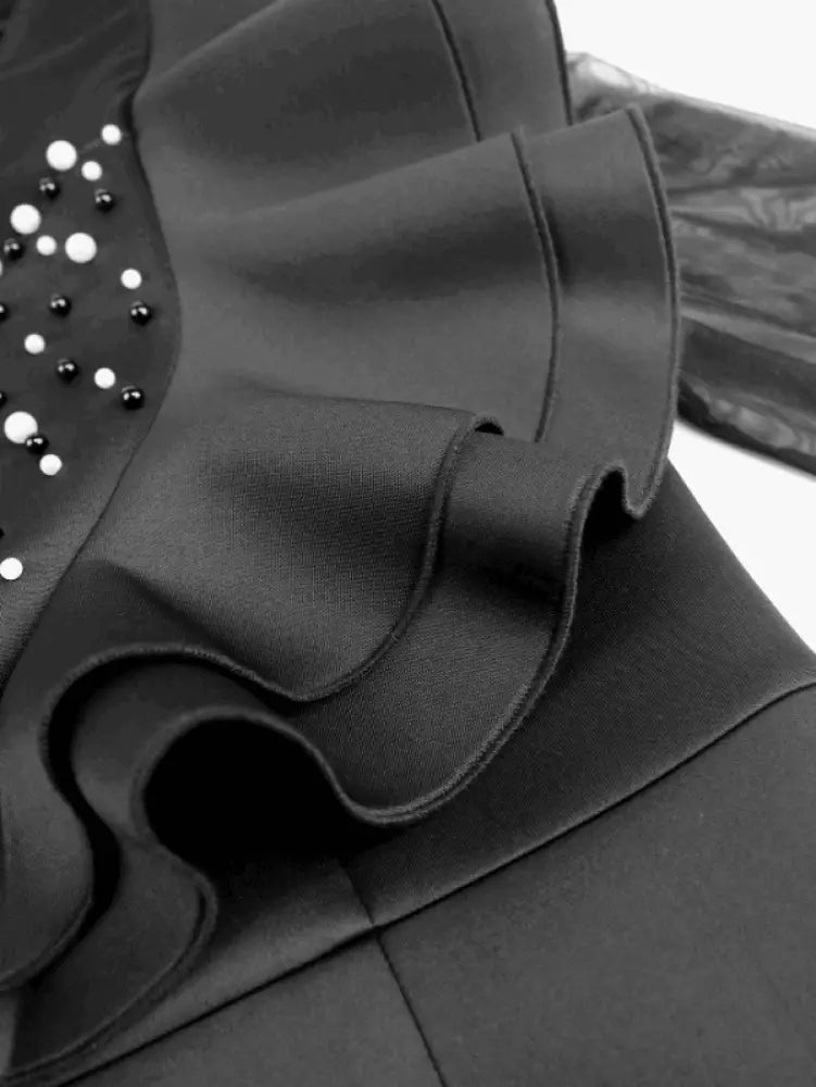 AOMEI Mesh Patchwork Beading Ruffle Dress Midi