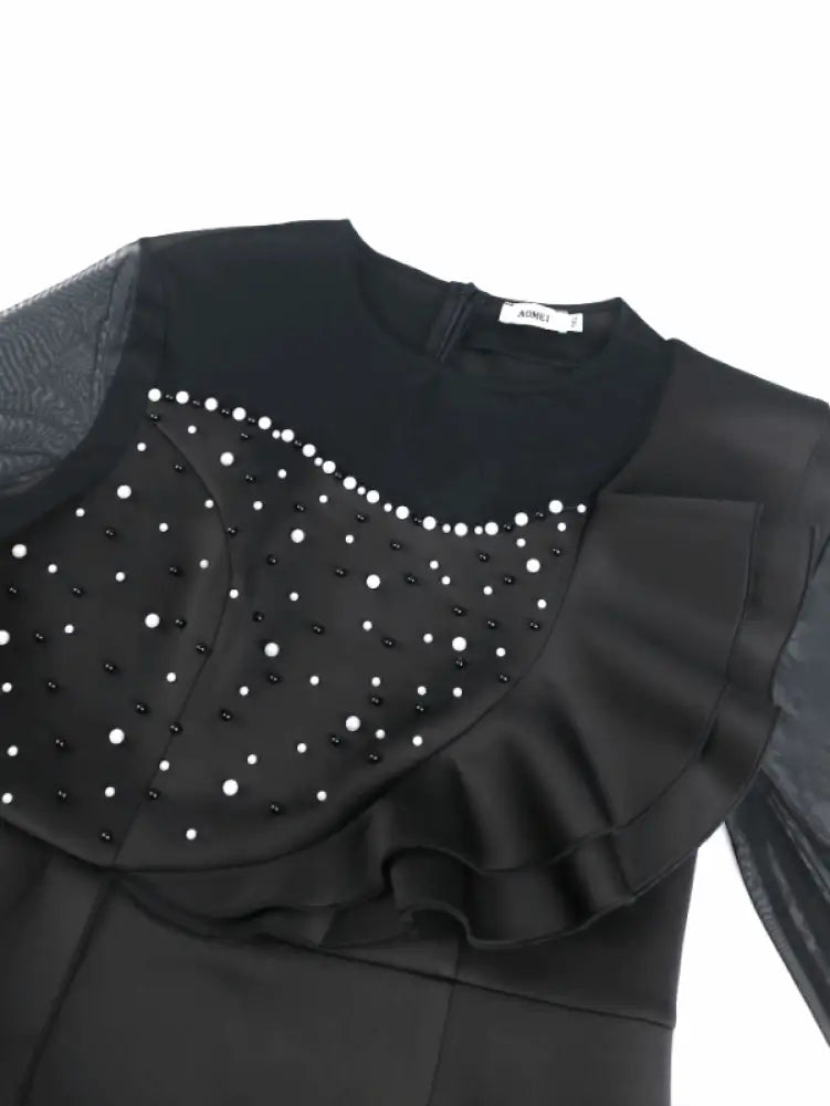 AOMEI Mesh Patchwork Beading Ruffle Dress Midi