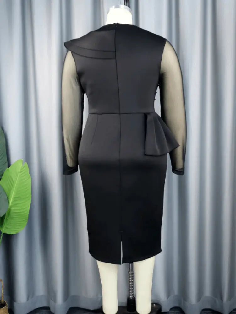 AOMEI Mesh Patchwork Beading Ruffle Dress Midi