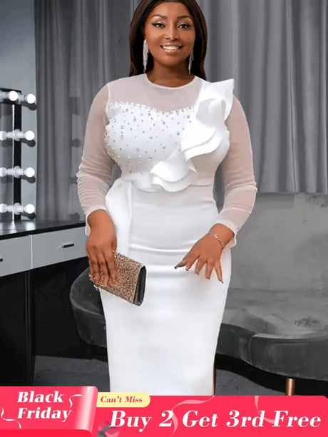 AOMEI Mesh Patchwork Beading Ruffle Dress Midi