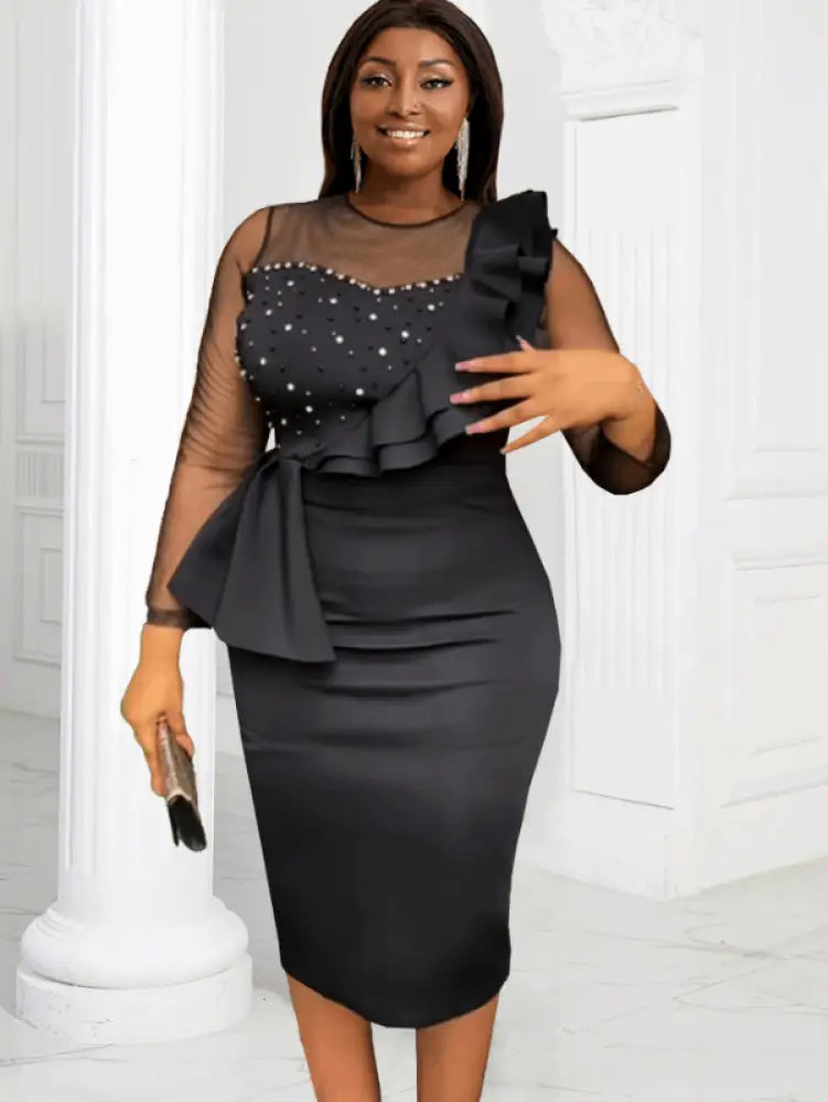 AOMEI Mesh Patchwork Beading Ruffle Dress Midi