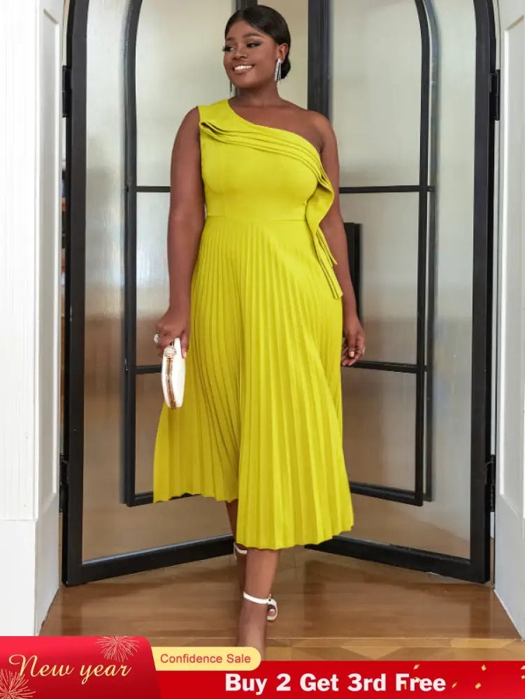 AOMEI One Shoulder Light Green Pleated Dresses Midi