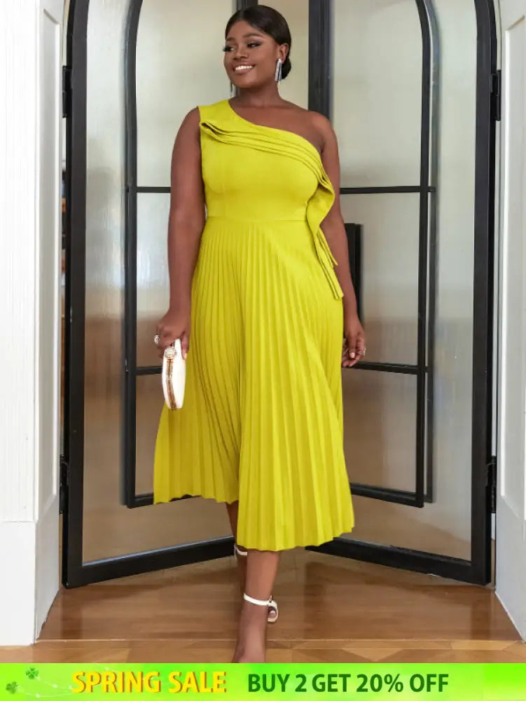 AOMEI One Shoulder Light Green Pleated Dresses Midi