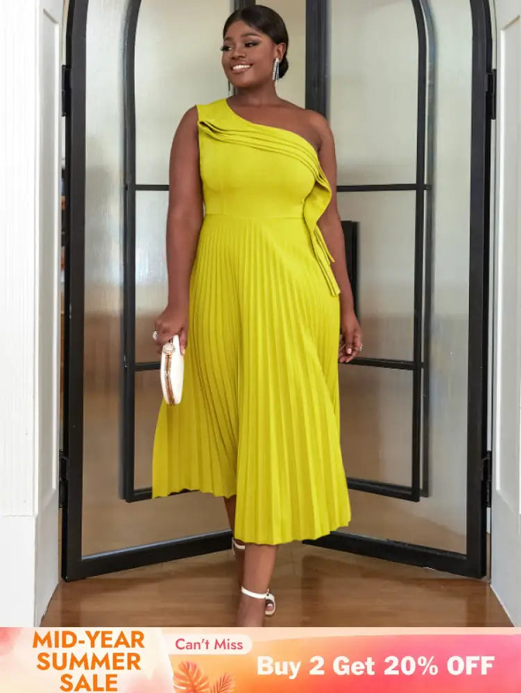 AOMEI One Shoulder Light Green Pleated Dresses Midi