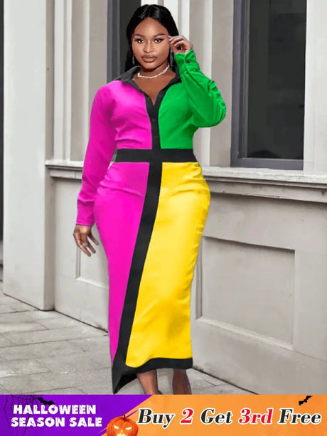 Aomei  Patchwork Long Dress For Office Ladies