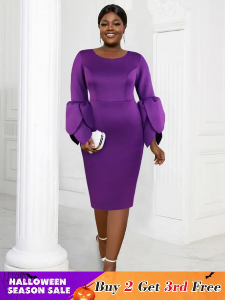 AOMEI Plus Size O Neck Long Sleeve Dress Purple / 1XL