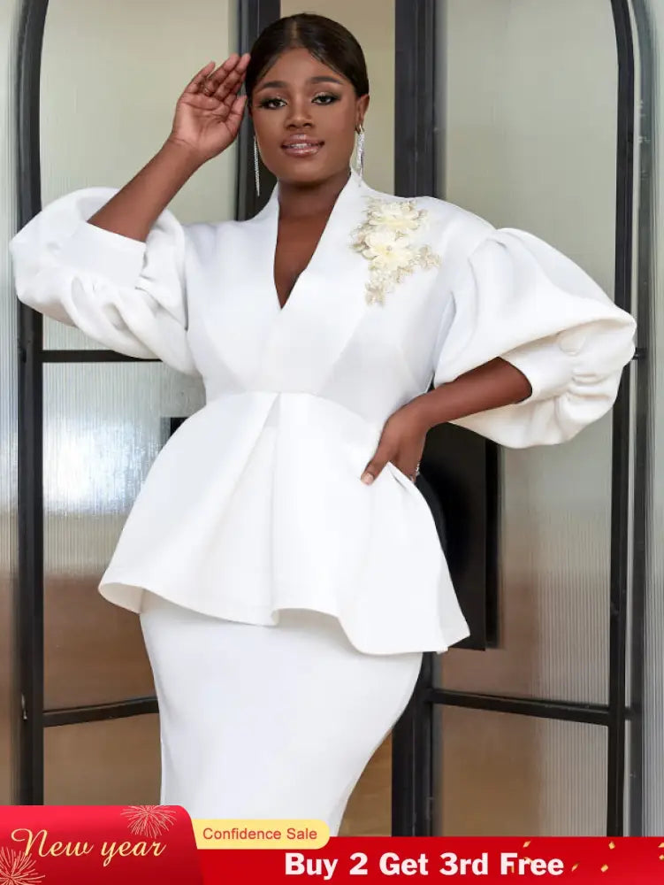 AOMEI Plus Size V Neck Lace Flower Tops Half Lantern Sleeve