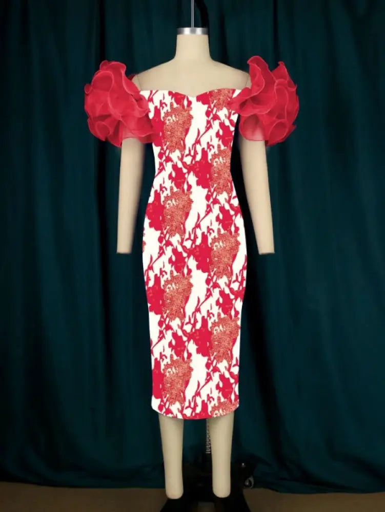 AOMEI Ruffle Short Sleeve Printed Vintage Dress Midi Red / S