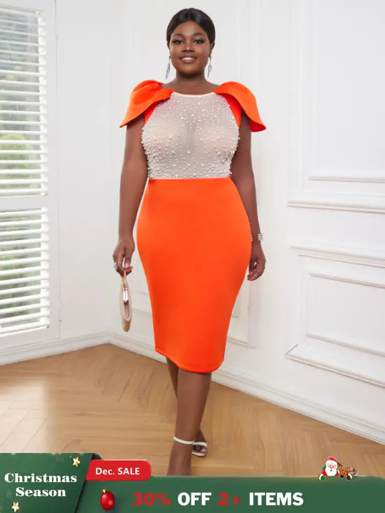 AOMEI Sexy See Through Beaded Midi Dress Orange / S